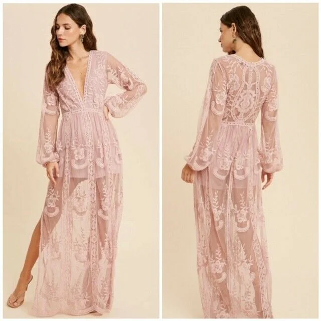 Women's Ruffled DressesRomantic Light Mauve Floral Crochet Lace Long Sleeve Maxi Boho Dress Womens