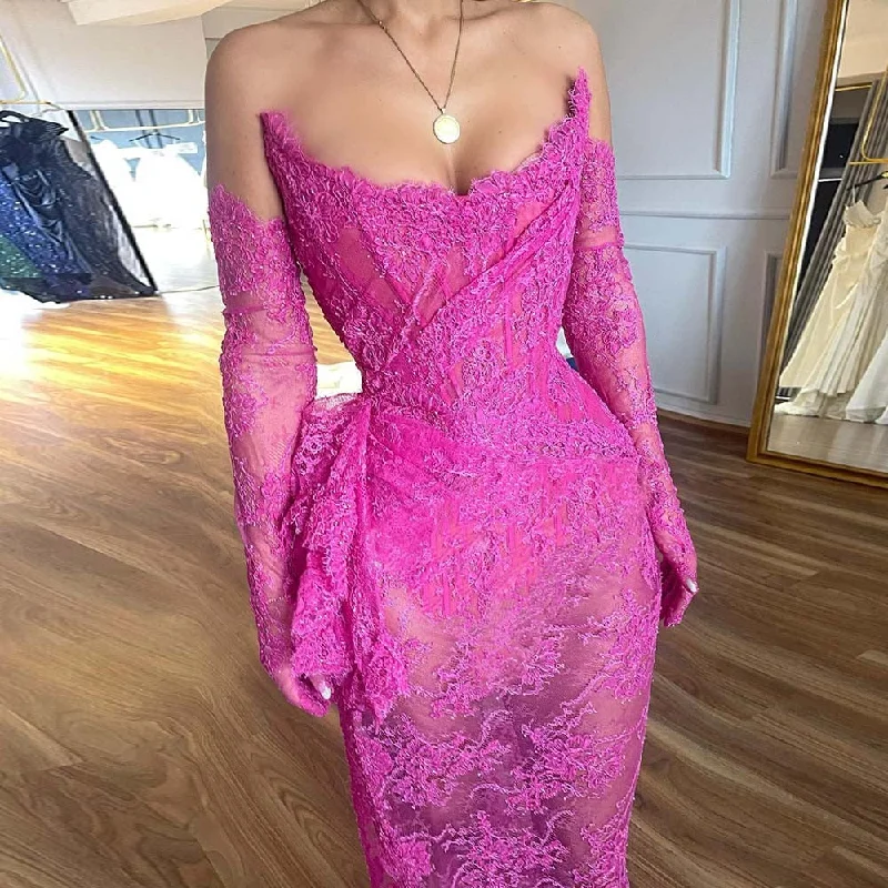 Women's Wide-Neck DressesHot Pink Prom Dresses V-Neck Sleeveless Lace Evening Gowns Sleeveless High Quality Illusion Sexy Mermaid Formal Party Dress