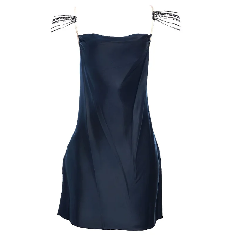 women's pajamas for a good night's sleepLuxe Croft Satin Slip Dress with Gold Trim in Navy