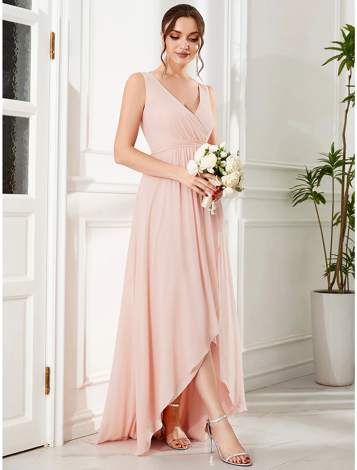 Women's Turtleneck DressesA-Line Wedding Guest Dresses Elegant Dress Party Wear Asymmetrical Sleeveless Spaghetti Strap Chiffon with Ruffles Slit