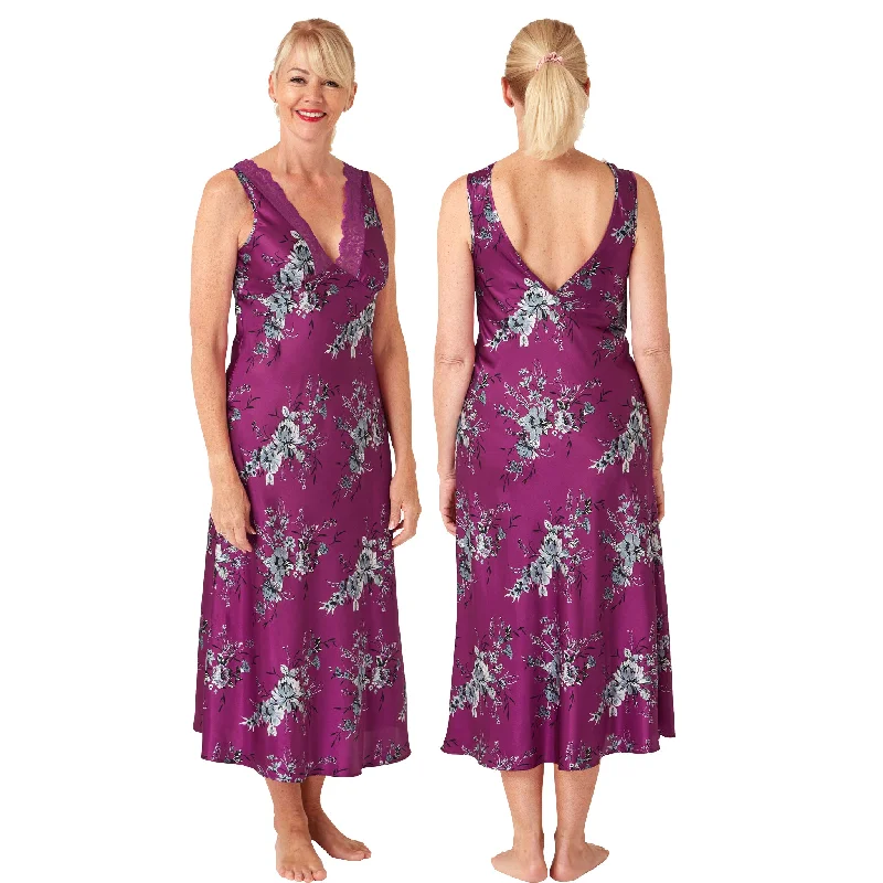 women's pajamas for a night of restFull Length Long Pink Purple Floral Sexy Satin Nightdress Negligee PLUS SIZE