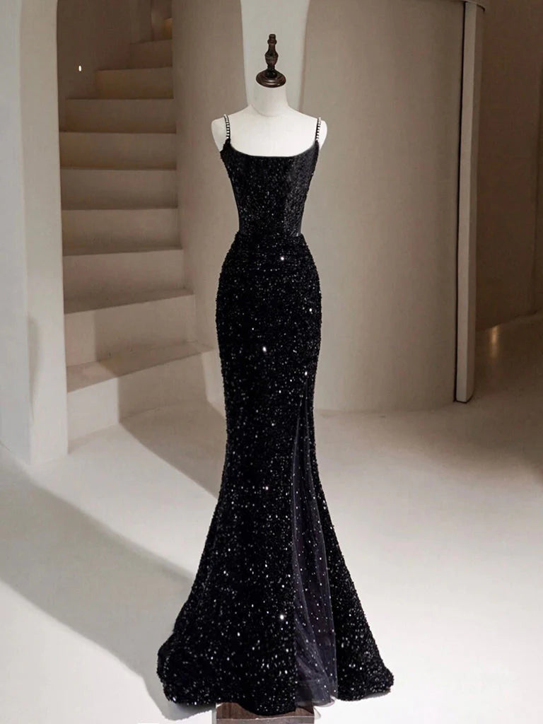 Women's Wrap DressesMermaid Cultivate oneself Simple Velvet Sequin Black Long Prom Dress Elegant Temperament Party Dress