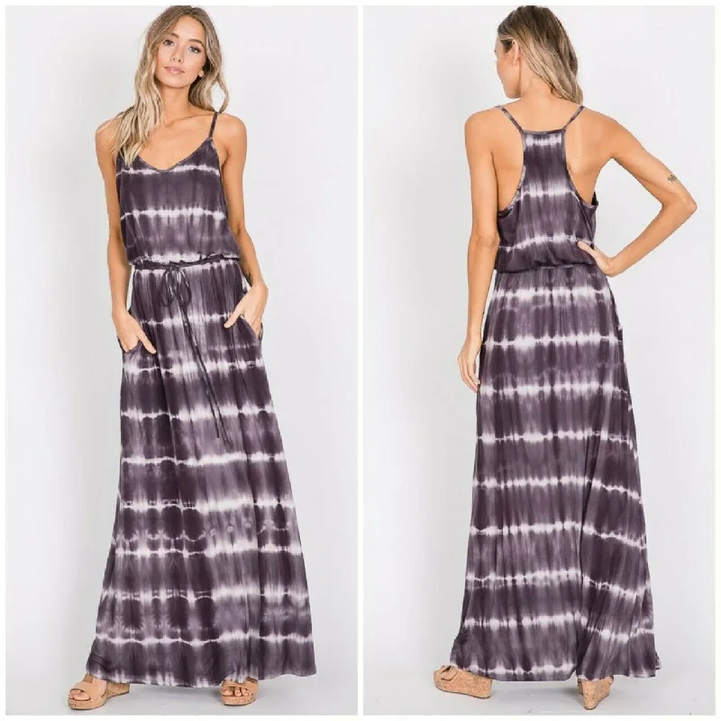 Women's Strapless DressesCharcoal Tie Dye Cami Casual Maxi Dress Full Length Long Womens