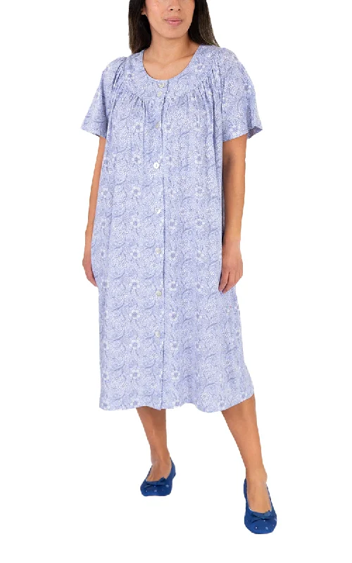 women's pajamas with an adjustable necklineSchrank 100% Cotton Brunchcoat with Short Sleeve in Blue Indi SK925I