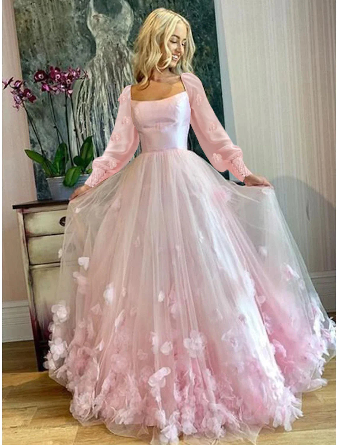 Women's Sweetheart Collar DressesA-Line Prom Dresses Maxi Dress Sweet 16 Floor Length Long Sleeve Scoop Neck Tulle with Appliques Butterfly