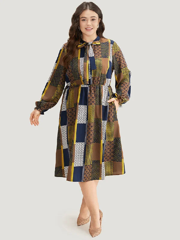 Women's Narrow-Neck DressesColorblock Patchwork Lantern Sleeve Knot Dress