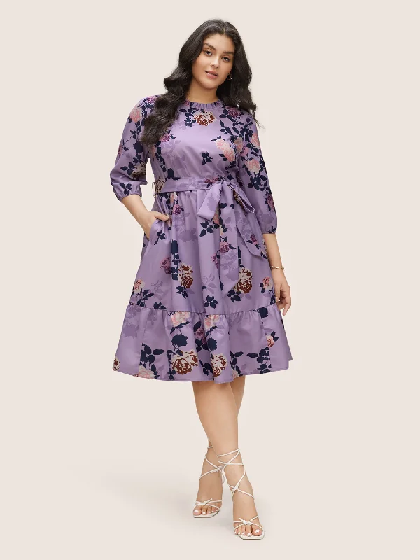 Women's Boat-Neck DressesFloral Print Belted Pocket Frill Trim Dress