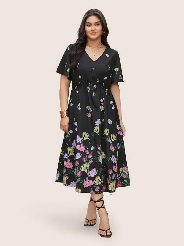 Women's Shift DressesFloral Print Shirred Pocket Ruffle Sleeve Dress