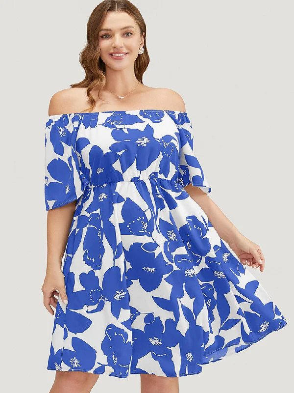 Women's Boat-Neck DressesFloral Ruffle Sleeve Pocket Off Shoulder Dress