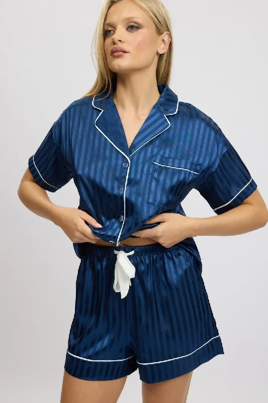 women's pajamas with a comfortable fitBlue Stripe Satin Pyjamas Set Short Sleeve