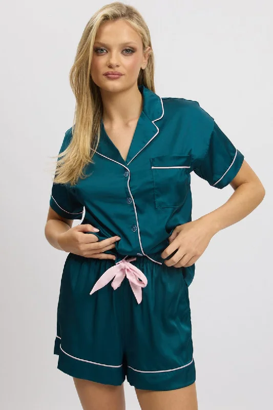 women's pajamas for yoga and meditationGreen Satin Pyjamas Set Short Sleeve