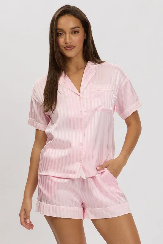 women's pajamas for bed and breakfast staysPink Stripe Satin Pyjamas Set Short Sleeve