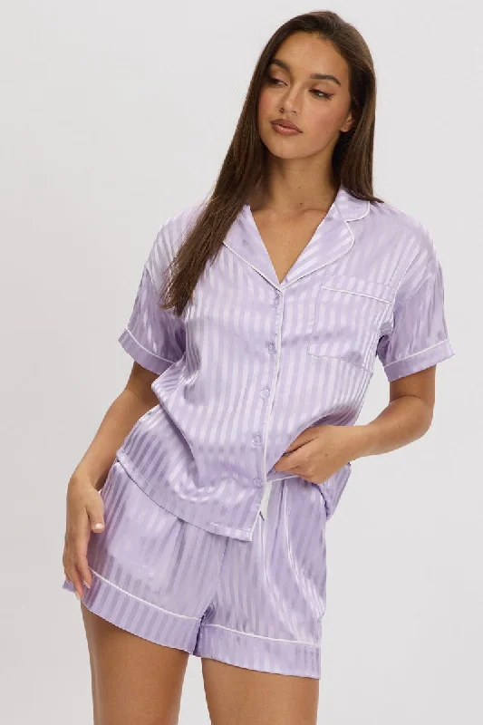 women's pajamas with a vintage lookPurple Stripe Satin Pyjamas Set Short Sleeve