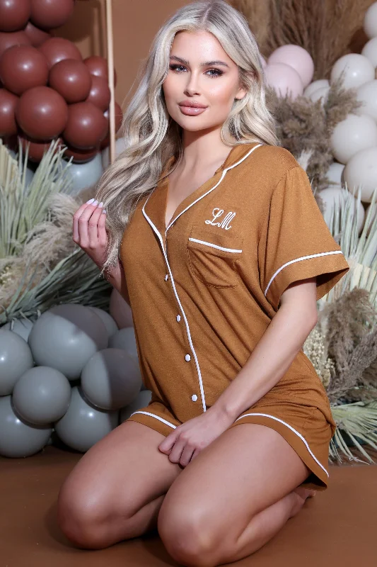 women's pajamas with pockets on legsPersonalised Tan Luxury Jersey Shorts Set